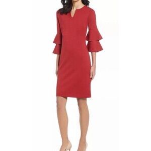 J McLaughlin Eloise Dress Womens Small Tier Bell Sleeve Ponte Knit Red Stretch